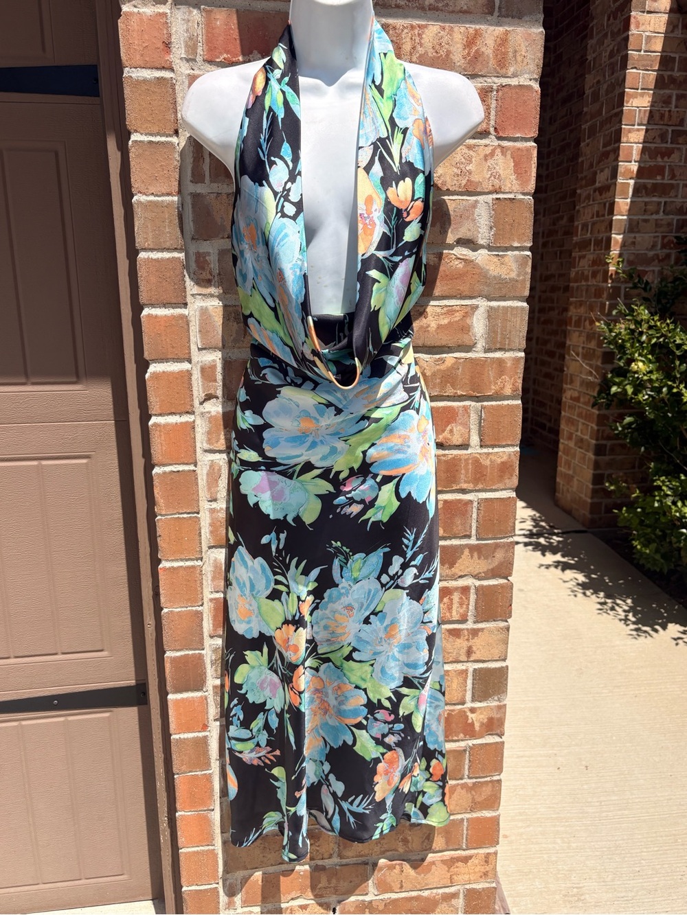 Lulus Nuliana Black Multi Floral Satin Backless Midi Dress size XL - Picture 6 of 13